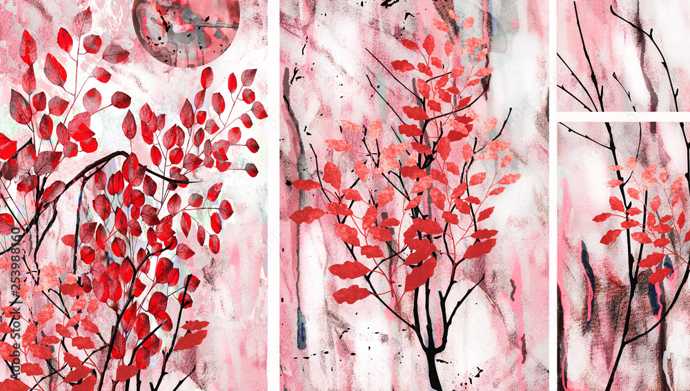Fototapeta A collection of designer oil paintings. Contemporary abstract art on canvas. A set of pictures with different textures and colors. Tree, branches of trees, red leaves on a gray background.