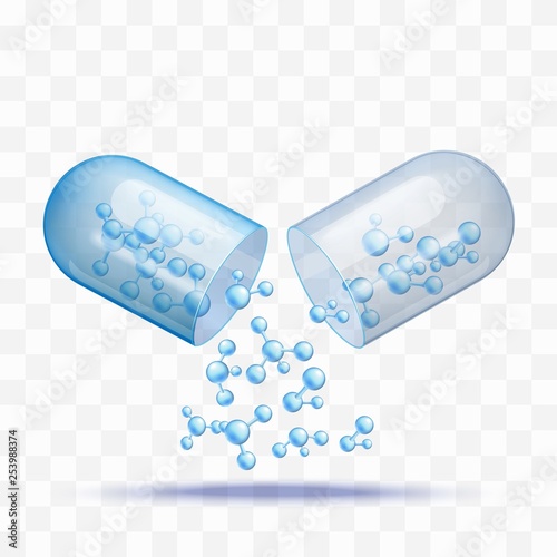 Open capsule pill with falling out blue molecules in realistic style.