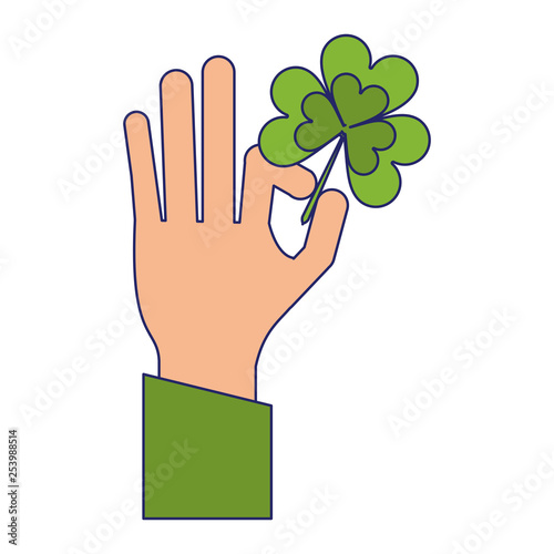 hand hoding clover shamrock symbol blue lines