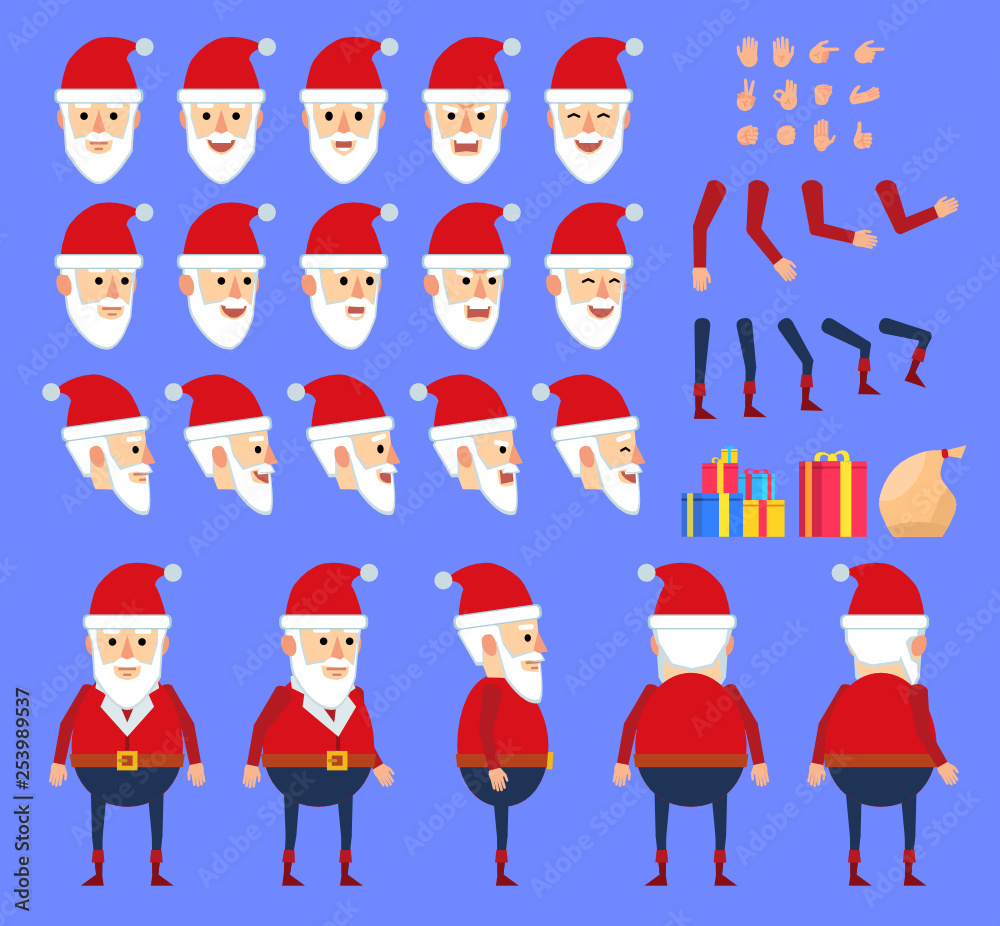 Santa Claus creation set. Various gestures, emotions, diverse poses, views. Create your own pose, animation. Flat design vector illustration Santa Claus creation set. Various gestures, emotions, diverse poses, views. Create your own pose, animation. Flat design vector illustration