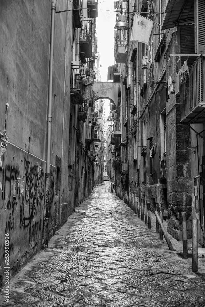 Naples, Italy - August 08, 2015 : Narrow streets of Naples, black and white photographs.