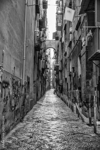 Naples  Italy - August 08  2015   Narrow streets of Naples  black and white photographs.