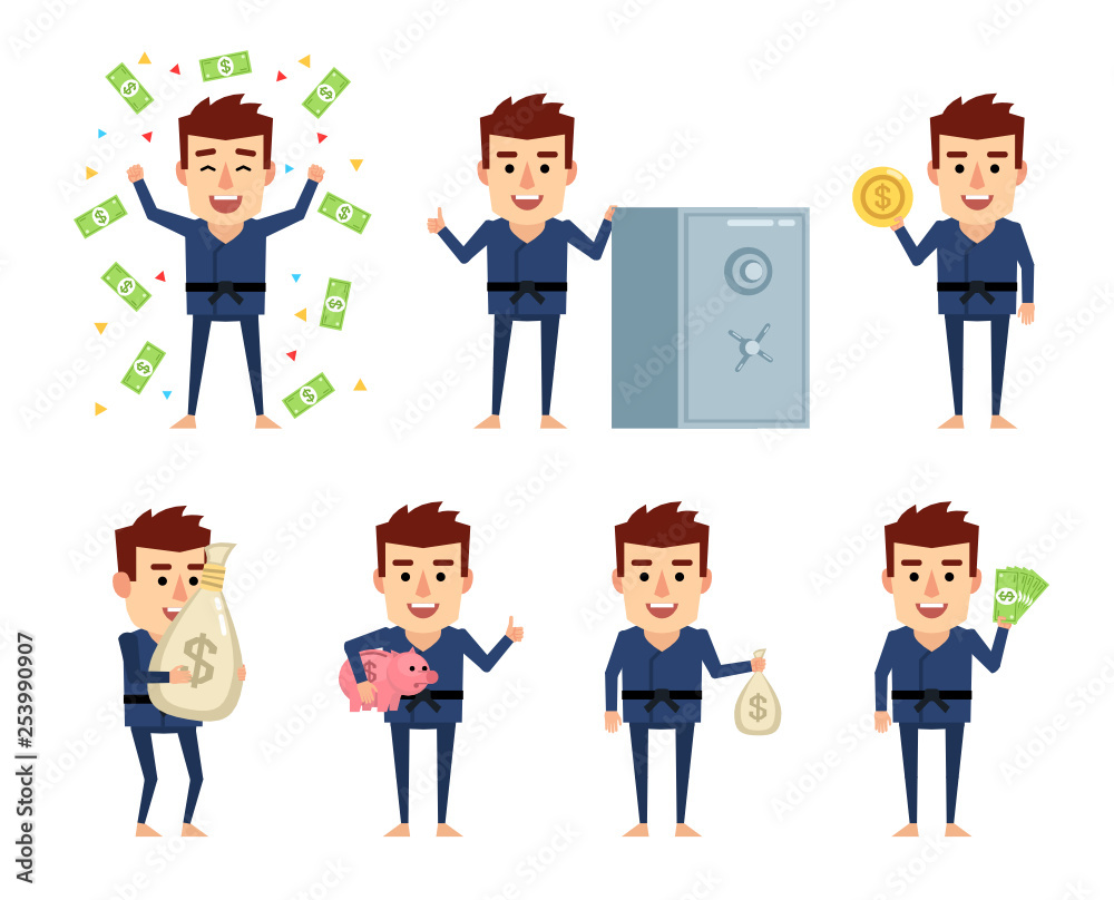 Set of sportsman characters posing with money. Funny karate man holding bag of money, piggy bank, coin and showing other actions. Flat style vector illustration Set of sportsman characters posing with money. Funny karate man holding bag of money, piggy bank, coin and showing other actions. Flat style vector illustration