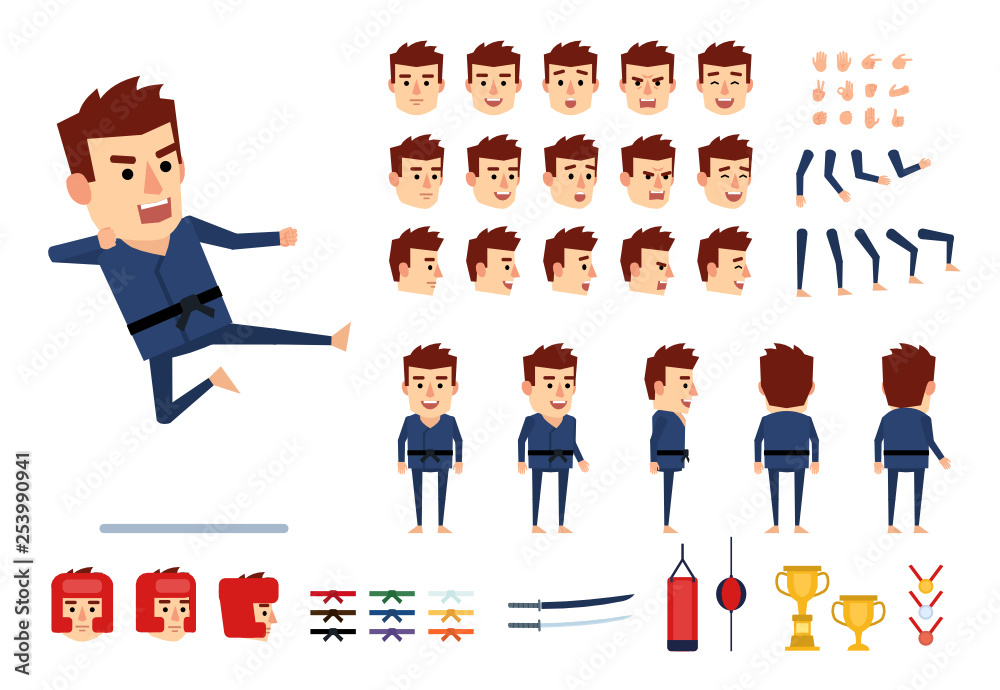 Martial arts, karate master creation kit. Create your own pose, action, animation. Various emotions, gestures, design elements. Flat design vector illustration Martial arts, karate master creation kit. Create your own pose, action, animation. Various emotions, gestures, design elements. Flat design vector illustration