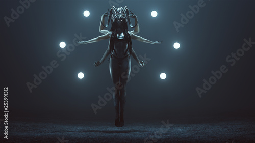 Evil Multi-Armed Witch with White Eye and a Head Dress Floating with Glowing Orbs in a Foggy Void Day 3d Illustration 3d render