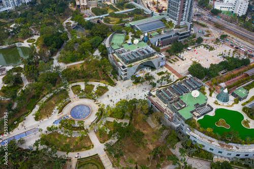 Top view of Hong Kong apartment building and park