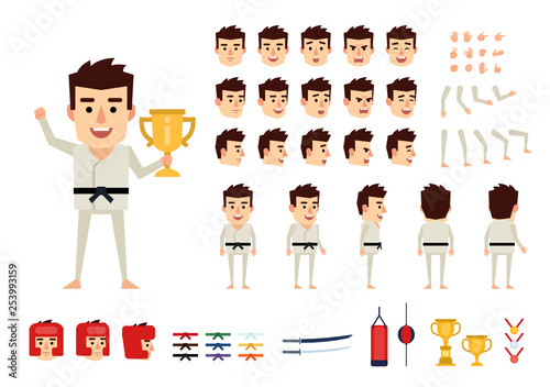 Martial arts, karate master creation kit. Create your own pose, action, animation. Various emotions, gestures, design elements. Flat design vector illustration
