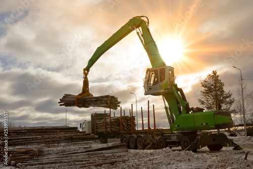 Loading industrial wood for transportation. Wood handling with trailer. Sun rays passing through industrial machinery.