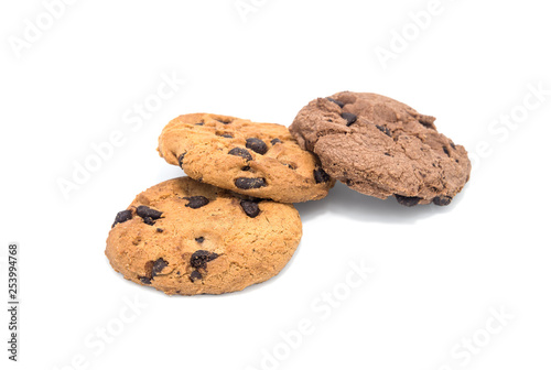 chocolate chip cookie on white background.