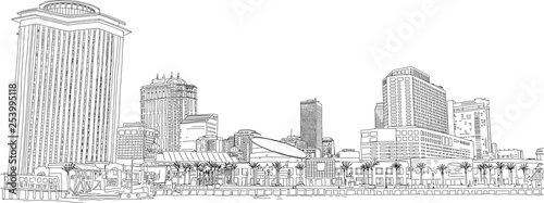 New Orleans skyline. Hand drawn illustration. Includes the familiar downtown buildings along the Mississippi River. Detailed ink look.
