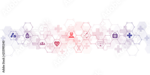 Abstract medical background with flat icons and symbols. Concepts and ideas for healthcare technology, innovation medicine, health, science and research.