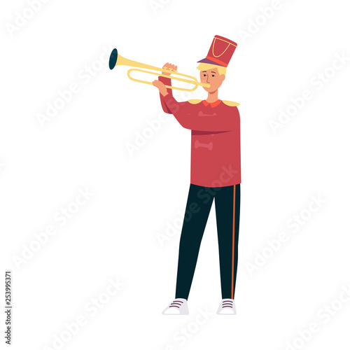 Young man in festive parade costume playing music with trumpet in flat style.