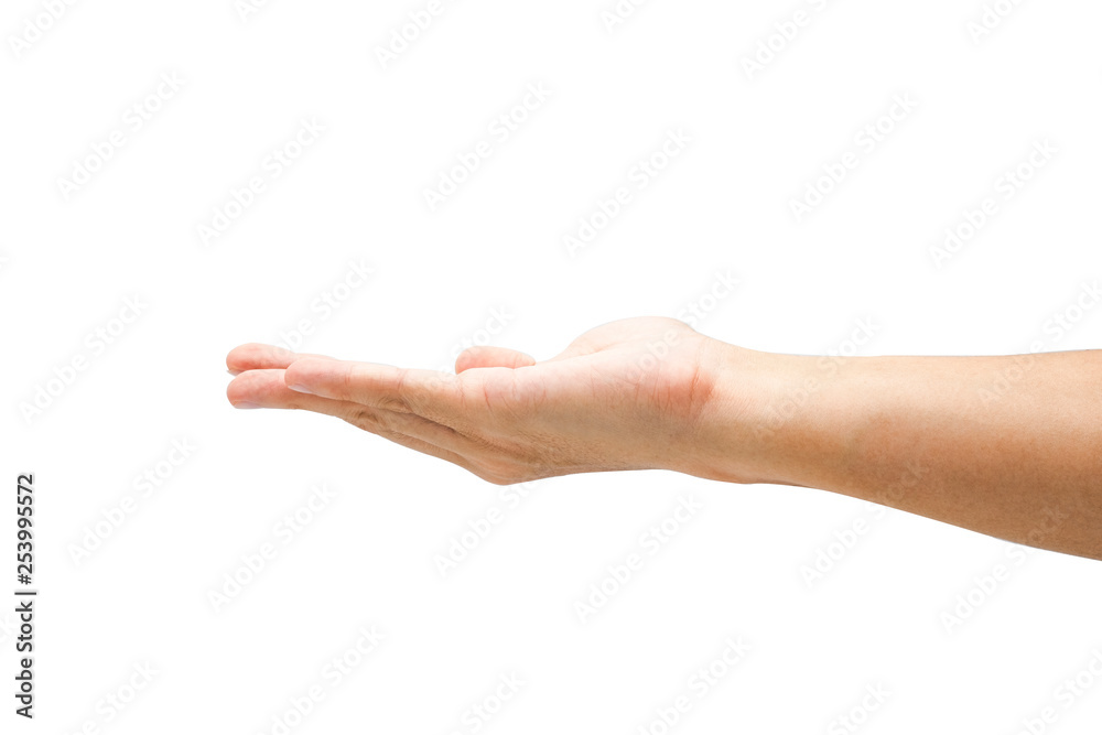 closeup empty open male hand use for array goods of advertisement. Isolated on white background with clipping path concept.Image. closeup empty open male hand use for array goods of advertisement. Isolated on white background with clipping path concept.Image.