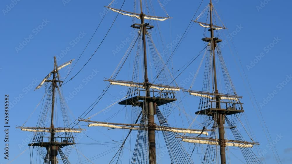 Old Sailing Ship Mast and Rigging, Historic Boat. Old Sailing Ship Mast and Rigging, Historic Boat.