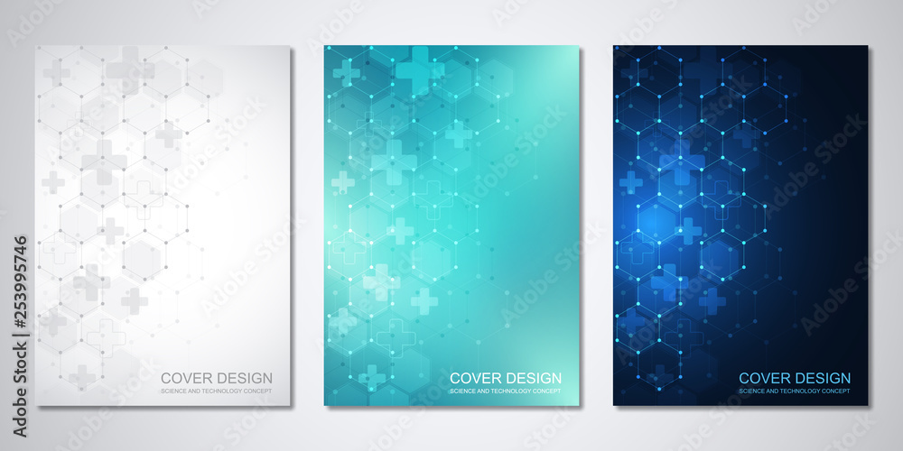Vector templates for cover or brochure with abstract hexagons pattern. Concepts and ideas for medical, healthcare technology, innovation medicine, science. Vector templates for cover or brochure with abstract hexagons pattern. Concepts and ideas for medical, healthcare technology, innovation medicine, science.