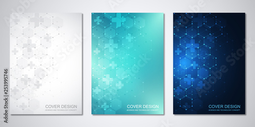 Vector templates for cover or brochure with abstract hexagons pattern. Concepts and ideas for medical, healthcare technology, innovation medicine, science.