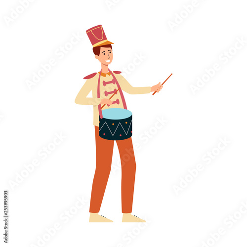 Young man in parade costume with drum in flat style isolated on white background.