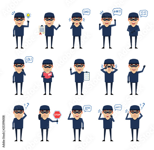 Set of thief characters showing various actions, emotions. Funny thief laughing, surprised, angry, talking on phone and showing other actions. Simple vector illustration