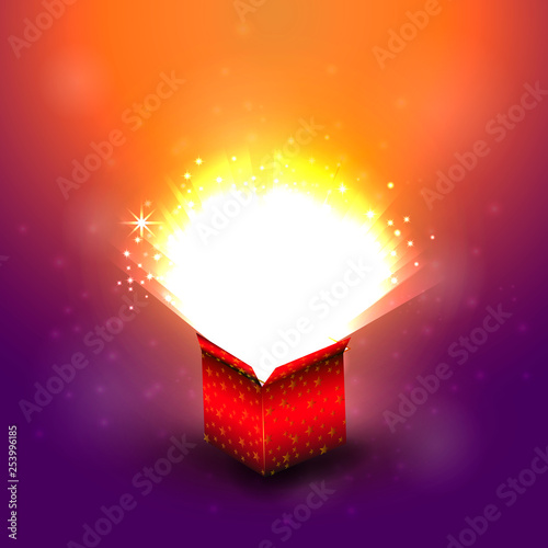Layout banner or card with a red gift and a bright glow. Vector image.