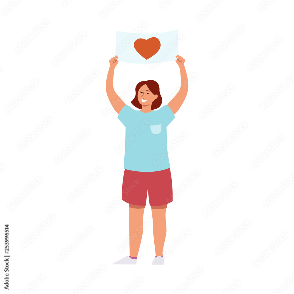Vector illustration of young smiling woman holding placard with heart symbol. Vector illustration of young smiling woman holding placard with heart symbol.