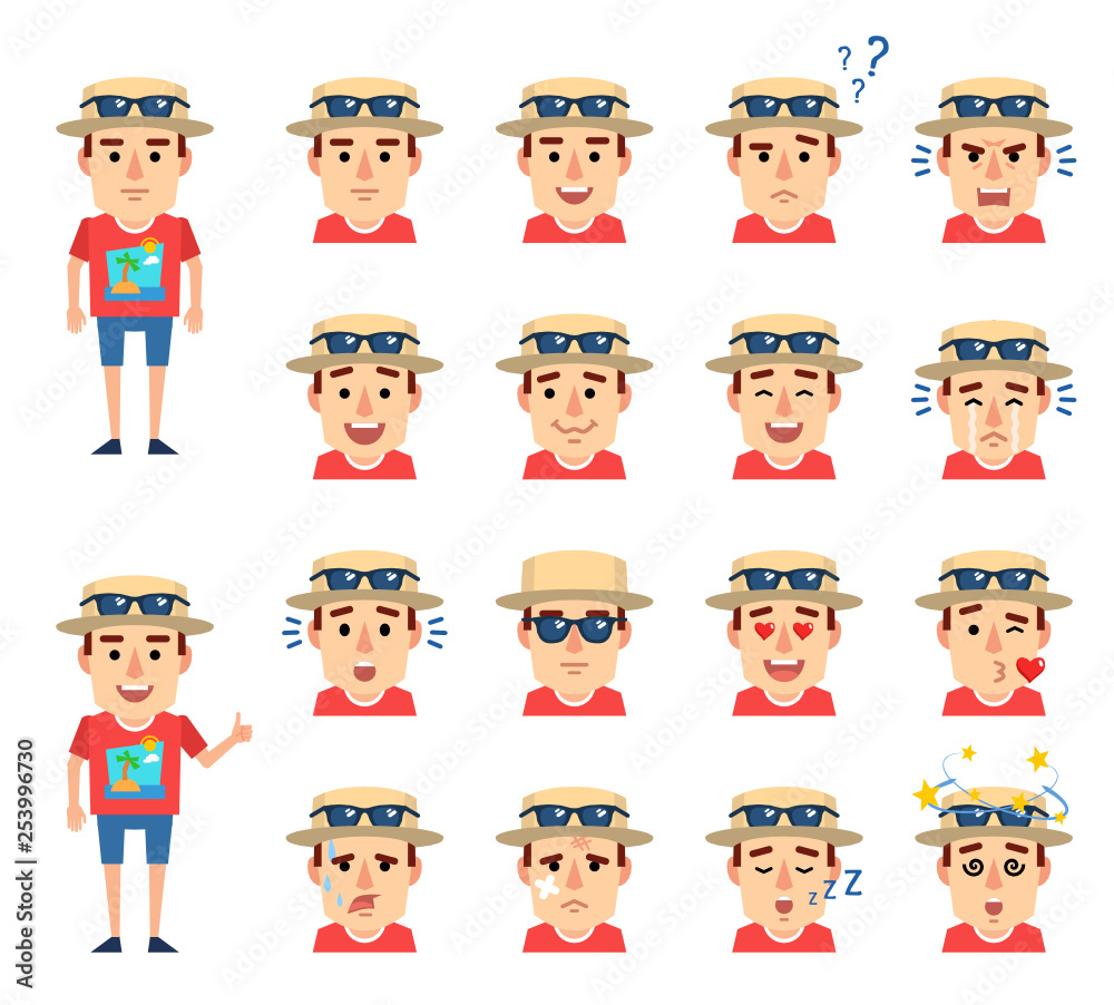 Set of tourist emoticons showing various facial expressions. Happy, sad, angry, laugh, cry, surprised, dazed, in love and other emotions. Simple vector illustration