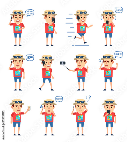 Set of tourist characters with phone showing various actions. Funny tourist talking on phone  taking photo  walking  running and showing other actions. Flat style vector illustration