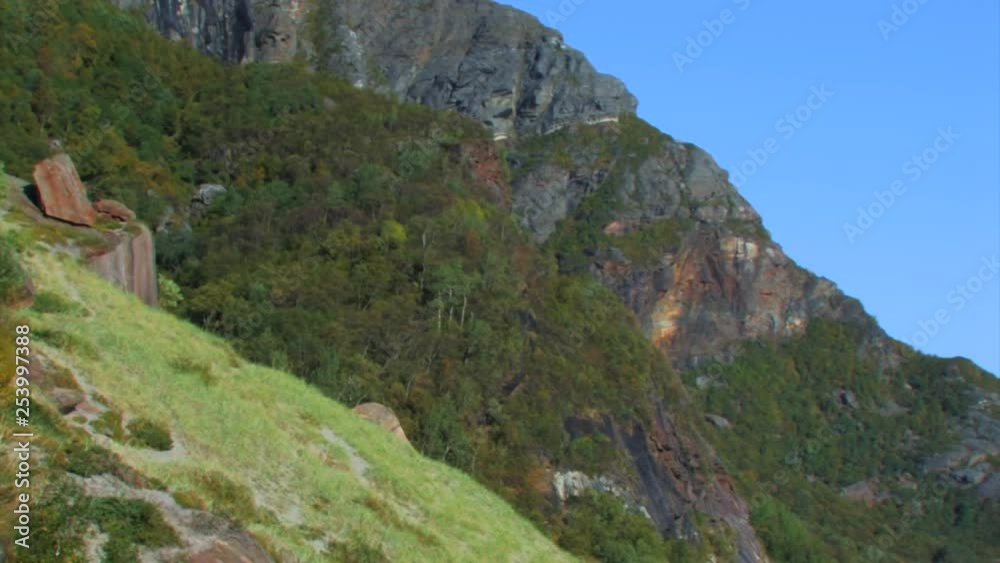 Panning the cliffs of the coast and the beach, in addition to mountains near the ocean Panning the cliffs of the coast and the beach, in addition to mountains near the ocean