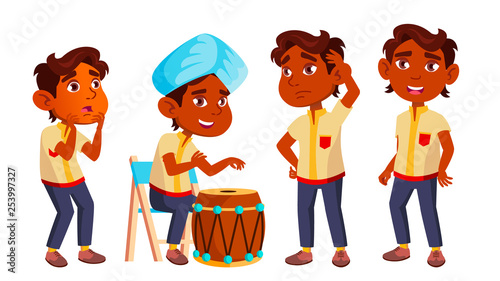 Indian Boy Kindergarten Kid Poses Set Vector. Emotional Character Playing. Playground. For Presentation, Invitation, Card Design. Isolated Cartoon Illustration
