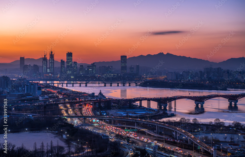 Twilight sky at han river in seoul city south Korea 