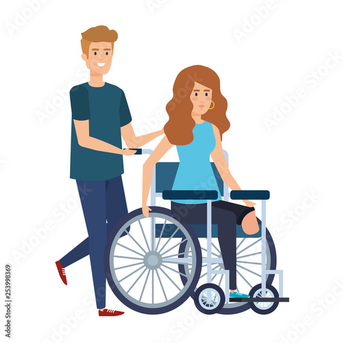 young woman in wheelchair with male helper