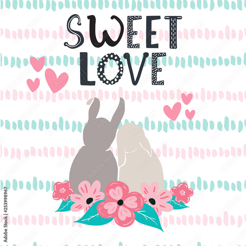 Sweet bunny rabbits couple on textured background. T-shirt or stationery design,love card