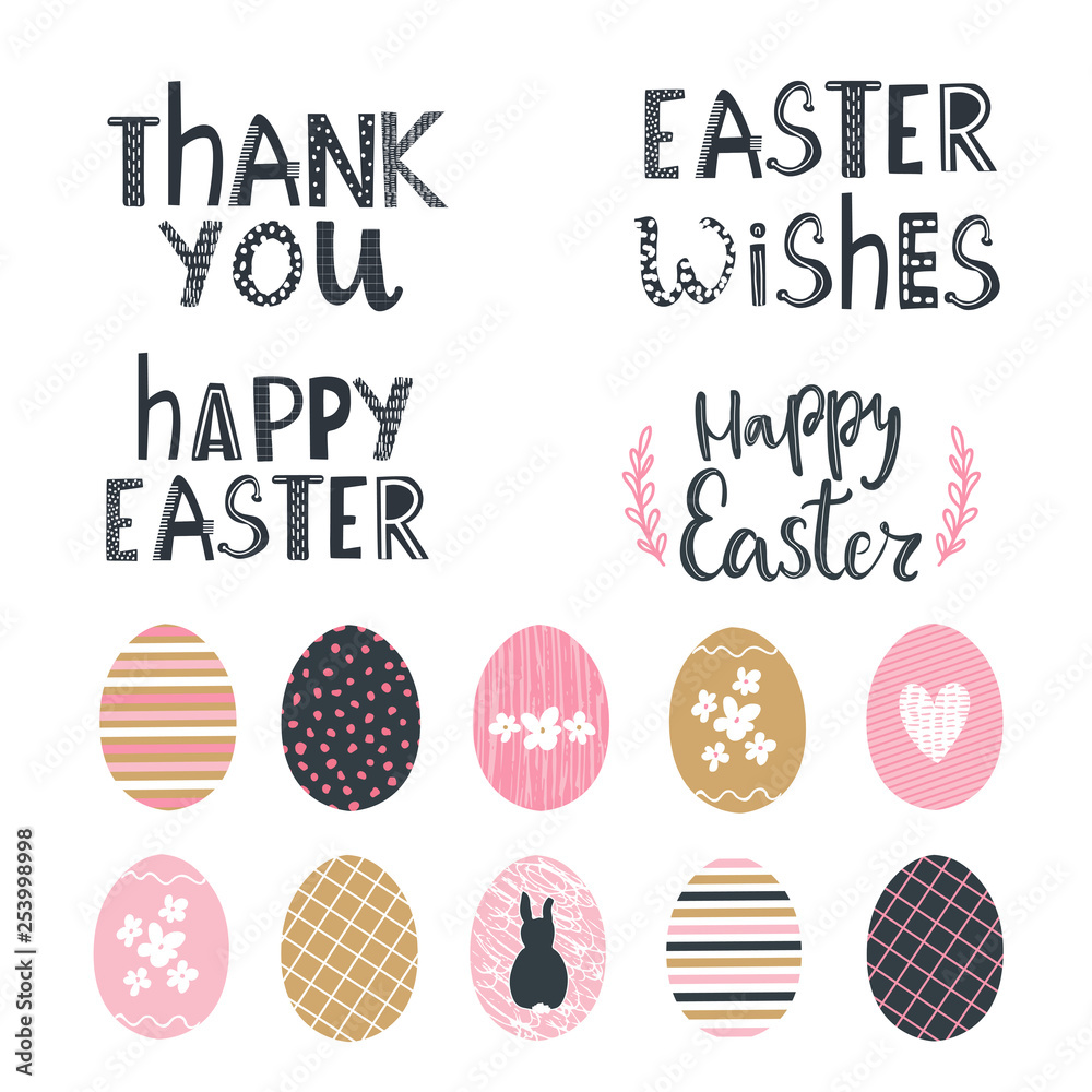 Set of Happy Easter lettering and hand drawn textured easter eggs Set of Happy Easter lettering and hand drawn textured easter eggs