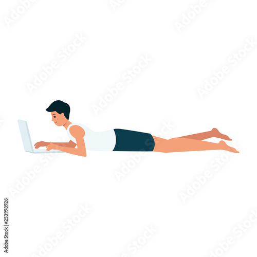 Smiling man is lying down with laptop cartoon style