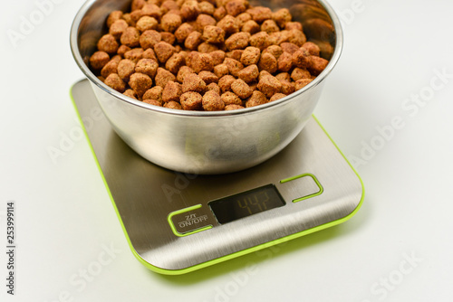 dry dog food on scales