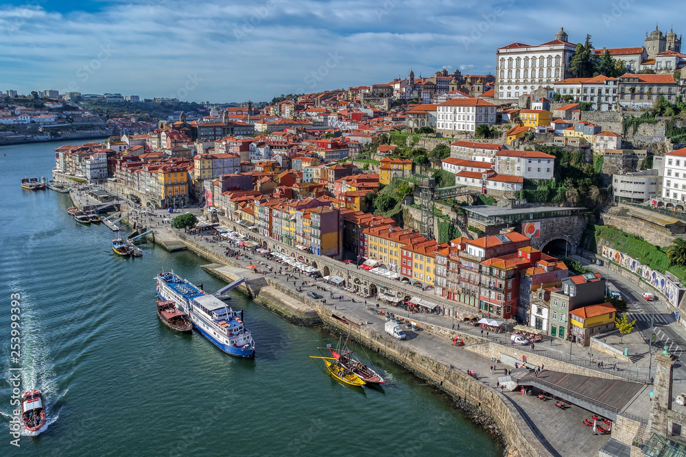 View of Porto city and Ribeira over Douro river from Vila Nova de Gaia, Portugal