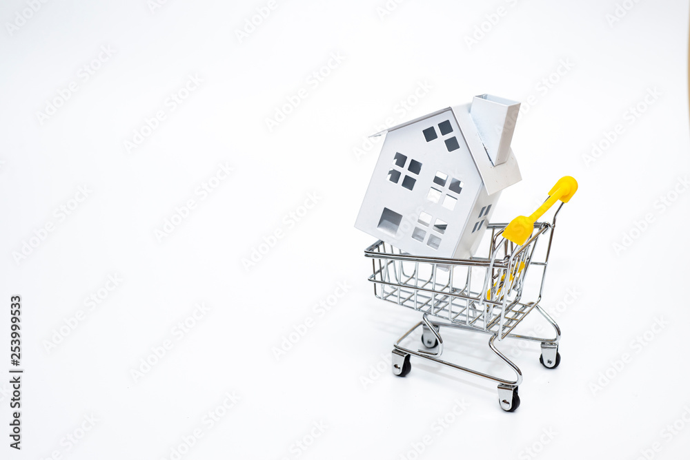 Mini home on trolley cart concept for sale home or rent white copy space.