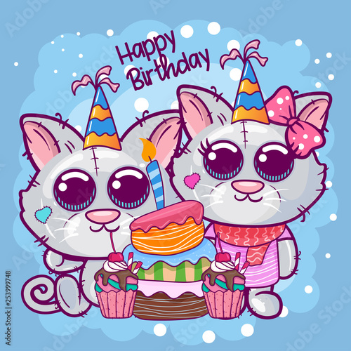 Greeting birthday card with cute kitten - Illustration
