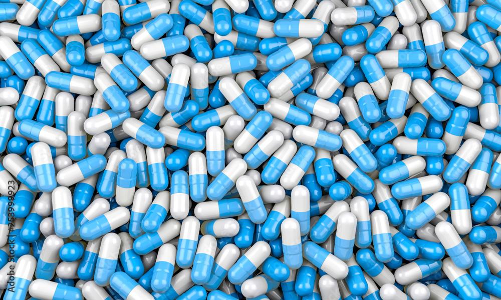 closeup of white and blue capsules background, 3d illustration closeup of white and blue capsules background, 3d illustration