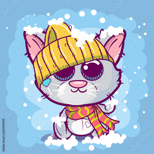 Cute Cartoon kitten on a snow background - Vector