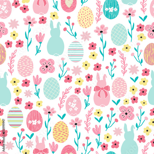 Seamless pattern background with flowers and cute bunny rabbits. Seamless ditsy floral pattern for Easter design.