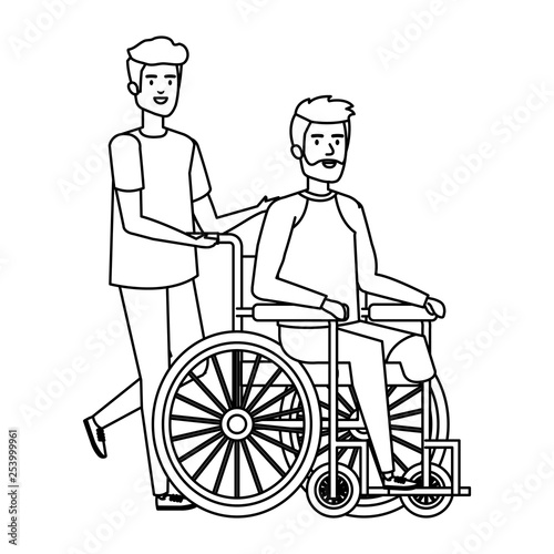 young man in wheelchair with male helper