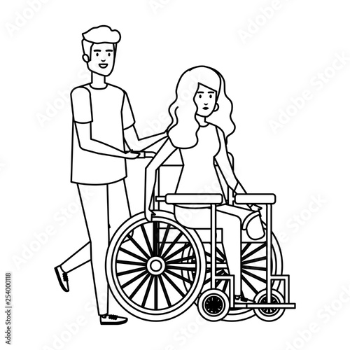 young woman in wheelchair with male helper