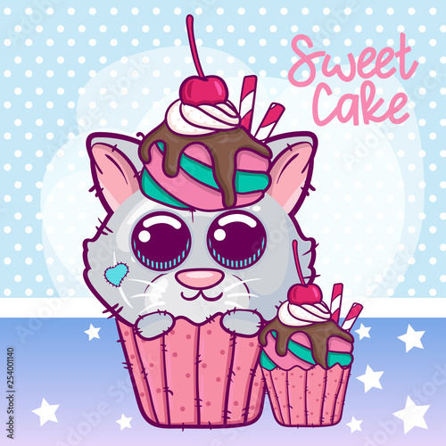Cute Cartoon Kitten with a sweet cake - Vector