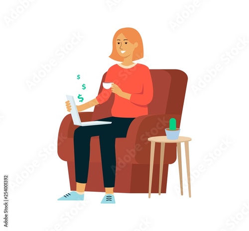 Woman with laptop and cup earns money sitting in chair cartoon style