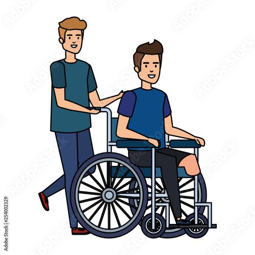 young man in wheelchair with male helper