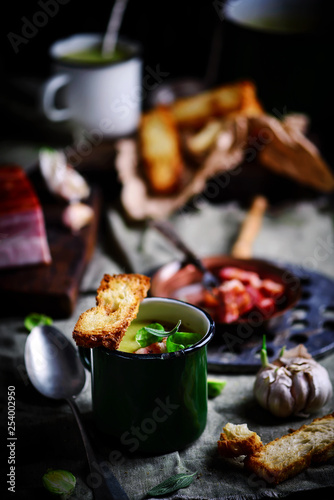 Brussels sprouts soup with bacon.dark photo photo