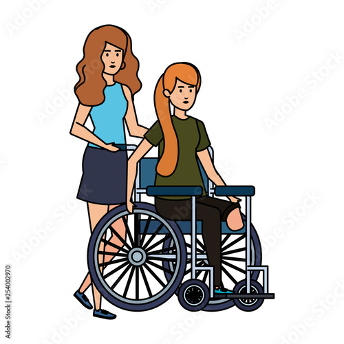 young woman in wheelchair with female helper