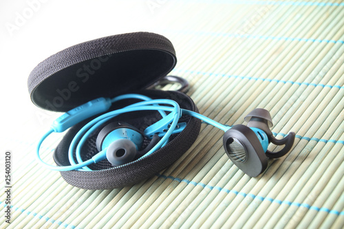 Earphones with Carrying Case on gray background