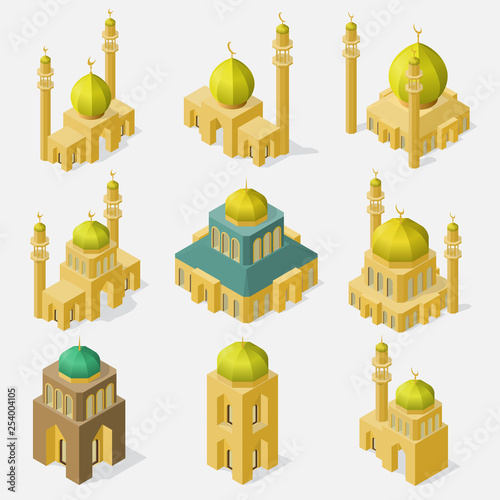 Set of asian temples in isometric view.