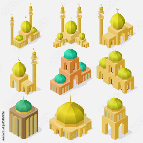 Set of asian temples in isometric view.
